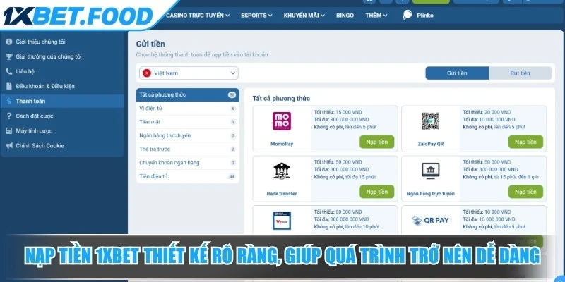 Nạp tiền 1xBet thiết kế rõ ràng, giúp quá trình thao tác trở nên dễ dàng
